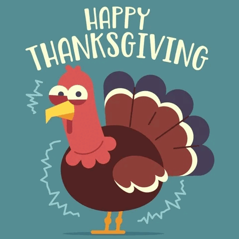 A muted teal background with an illustration of a stressed out turkey. The bird is slightly shaking and has jagged, thin stress lines moving around it. Arching over the top are two stacked words, ‘Happy Thanksgiving.’ The words are a very pale yellow color and use a serif font.
