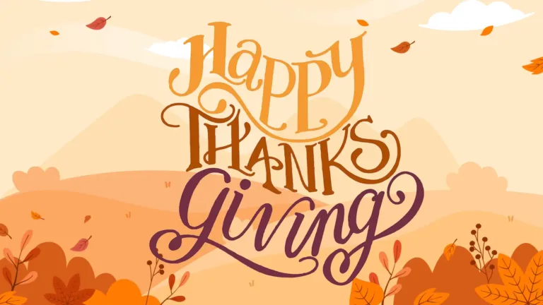 A digital drawing of a hilly fall landscape in shades of orange. Stacked in the center are the words ‘Happy Thanks Giving.” The words are in a curvy, decorative, cursive font. Happy is gold. Thanks is light brown. Giving is dark brown.