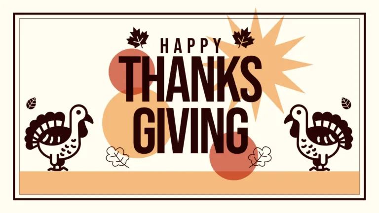 An off-white background with a thin dark brown inset border with an even thinner line border inside that. Inside the frame are the rest of the graphics. A pastel orange rectangle crosses the bottom edge. A pastel orange circle and sun burst float in the center of the graphic along with two transparent, muted red circles. A bold, dark brown, sans font was used for the words stacked in the center. Happy is small and at the top. Thanks and Giving are large below it. Dark brown turkey icons face the center of the graphic and one is standing on each side on top of the orange rectangle. A small brown leaf floats above their tail feathers and a line line leaf icon falls in front of them. A dark brown maple leaf icon sits on either side of the word Happy.