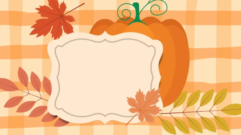 A digital, hand drawn gingham pattern fills the graphic’s background in shades of orange. The lightest orange is the background, with light orange vertical lines, and darker orange horizontal lines. Four clipart fall leaves sit alongside a pumpkin covering the center. An empty decorative label sits in front of the pumpkin.