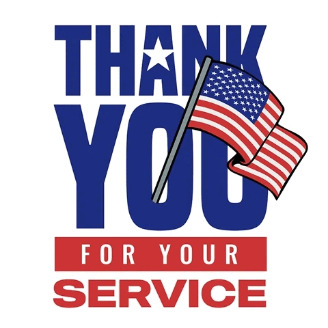 ‘Thank You’ in large blue sans letters are stacked taking up most of the gif’s space. Below ‘you’ is a red rectangle with ‘for your’ in white sans letters inside it. At the bottom in bold, red letters is ‘service.’ The background is solid white. An illustrated American flag swings left to right and is coming though the ‘O’ in ‘you.’
