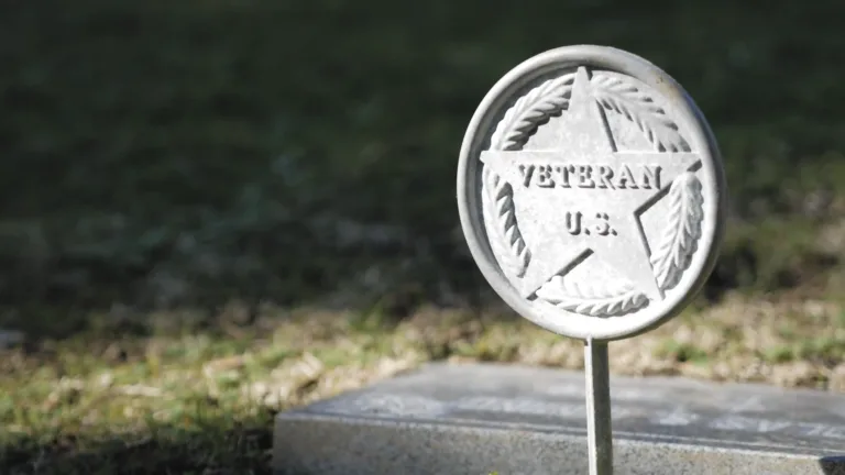 A still thumbnail for a video. A panning video of a circle metal marker above a grave. The marker has a five-pointed star that reds 'VETERAN U.S.'