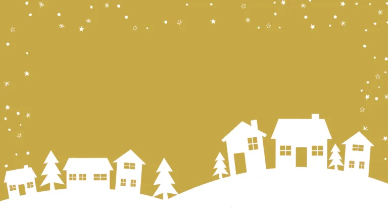 A goldenrod background with a white, silhouette of homes and pine trees on top of snowy hills. Small white circles, and stars fall down the edges of the graphic creating a border.