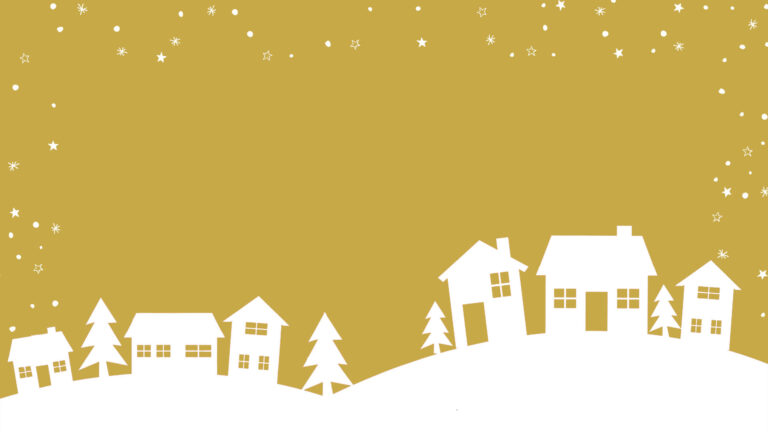 A goldenrod background with a white, silhouette of homes and pine trees on top of snowy hills. Small white circles, and stars fall down the edges of the graphic creating a border.