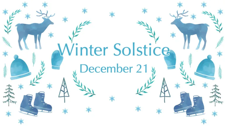 White background with blue watercolor paintings of a deer, ice skates, hat, and mittens. Small light blue snowflakes, green foliage, and pine trees are scattered around the blue items. The image is mirrored on either side of the graphic. The center has the large blue words “Winter Solstice.” Below is the date December 21 in smaller blue letters.