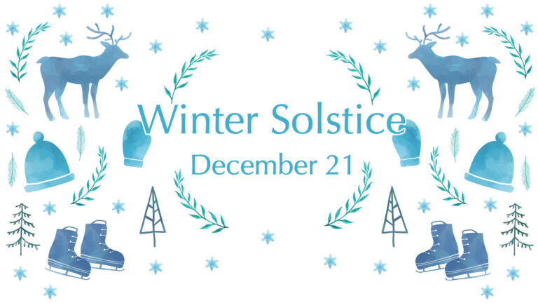 White background with blue watercolor paintings of a deer, ice skates, hat, and mittens. Small light blue snowflakes, green foliage, and pine trees are scattered around the blue items. The image is mirrored on either side of the graphic. The center has the large blue words “Winter Solstice.” Below is the date December 21 in smaller blue letters.