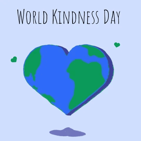A pale, light, dusty blue background with a floating heart moving up and down in the center. The heart does have a shadow below it near the bottom edge. The heart appears to be filled with Earth’s globe with bright blue water and green land. Two small green hearts float and blink on either side of the globe. Along the top reads, “WORLD KINDNESS DAY” in thin, black, sans letters.