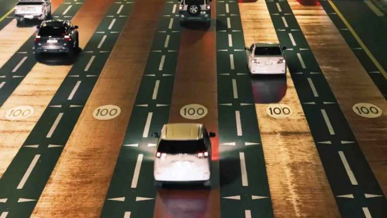 A busy 6 or more lane street at night. The lanes have a blacktop section in between each. On top of the blacktop are painted yellow lines and triangles. In the center of each cement lane is a circle with the number 100 painted on them. A light source off the photo illuminates the road. Cars drive across the lanes from the bottom edge and move off the top edge.