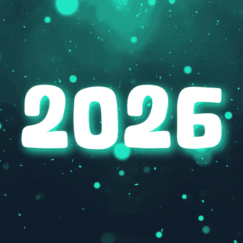 The year 2026 is centered and takes up the entire width to the gif. The numbers are a bold, white sans font with a bright, turquoise drop shadow. The background is black and is covered in turquoise and teal dots and lights floating around.