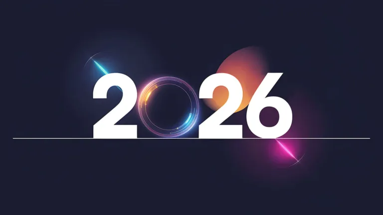 The year 2026 is in the center of the graphic in large, bold, white, sans numbers, except the zero. The zero appears to be multiple multi-color lines illuminating pink, gold, and blue colors. Behind the year are round flashes of blue,gold, or pink lights. The background is a solid navy, almost black, color. A thin, white, horizontal line sits below the year and stretches almost across the entire image.