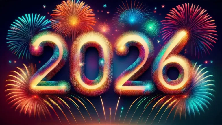 An ai image of the year 2026 made out of fireworks. The fireworks are shades of gold, pink, blue, or green. The night sky is black.