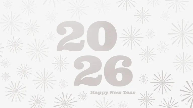 The numbers 20 and 26 are stacked, slightly offset in the center of the graphic. Below the numbers, in small letters, is the message, “Happy New Year.” A bold serif font was used. The same radial, burst firework or star shape, in various sizes, are scattered throughout the graphic. The burst, words, and numbers appear to be cut out of a solid white layer covering the entire graphic. The cut outs show a gradient light gray background.