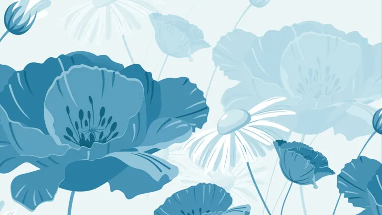 A digital floral drawing. The background is a pale, light blue. All the flowers are in different shades of the same blue. The largest and darkest flower takes up most of the left side, and appears to be poppy. A small white daisy is next to in the center of the graphic. Smaller and fainter versions of the flowers are scattered around.