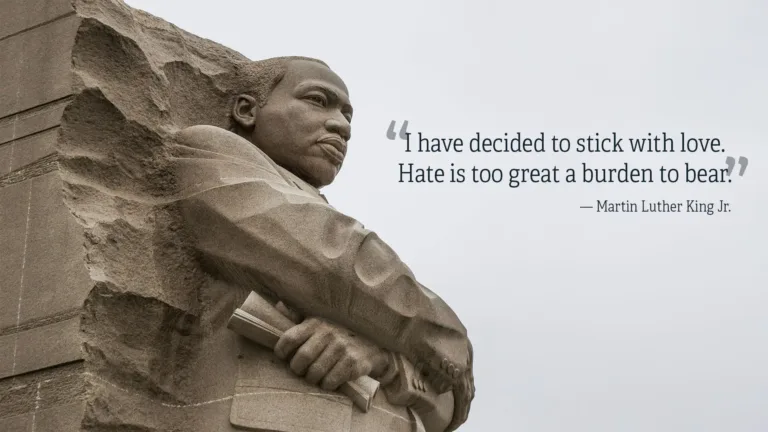 A photo of the Martin Luther King Jr. monument located in Washington D.C. The monument takes up the left side of the image, and shows Luther standing with his arms crossed and is looking forward towards the right edge of the graphic. The sky behind the monument is a light gray. A quote is typed out over top the sky, and to the right of the monument. “I have decided to stick with love. Hate is too great a burden to bear.” Martin Luther King Jr. A black, typewriter, serif font was used.