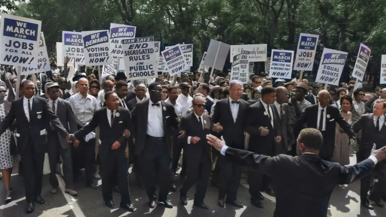 A colorized photograph of Martin Luther King Jr. and a crowd of other marchers during the March on Washington 1963.