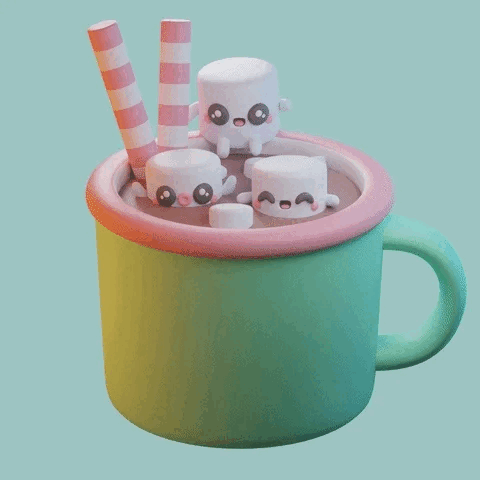 A duty, sage green background. A 2D animated, teal mug with a pink lip swaying back and forth in the center. The mug is filled with hot chocolate. Two anthropomorphic marshmallows are floating in the drink, while a third is stilling on the mug's lip. All appear to be laughing, moving around, and having fun. Two sticks are submerged in the drink and are sticking up and out next to the sitting marshmallow. The sticks have pink and white stripes.