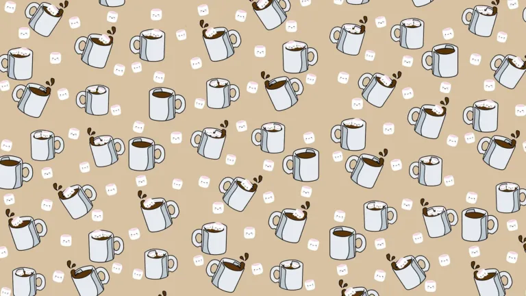 A light tan background is scattered with small graphics all over it. The graphics included white mugs filled with a brown drink splashing out of them, and small white marshmallows with happy facial expressions drawn on them.
