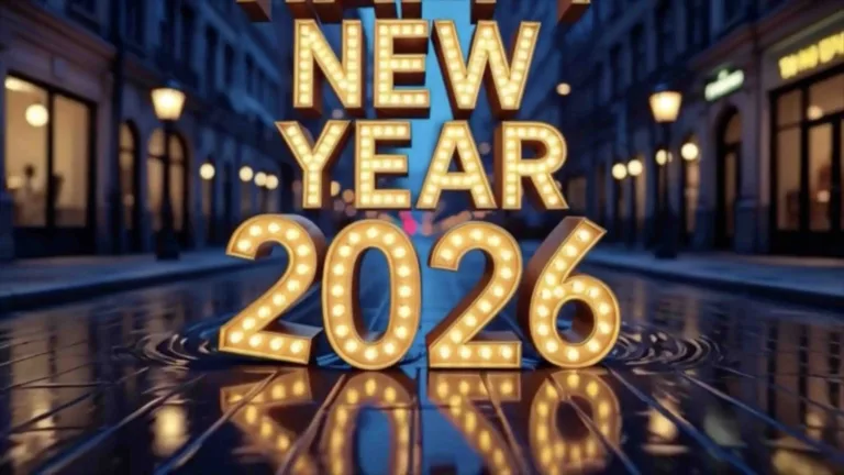 An ai-video of a wet city street with historic buildings. The street appears to be at dusk and everything has a dark blue hue to it. Some building windows show warm lights from within. In the center of the street and graphic are stacked illuminated gold words that slowly move closer and then separate as the “hit” the viewer. The words from top to bottom are HAPPY, NEW, YEAR, 2026.