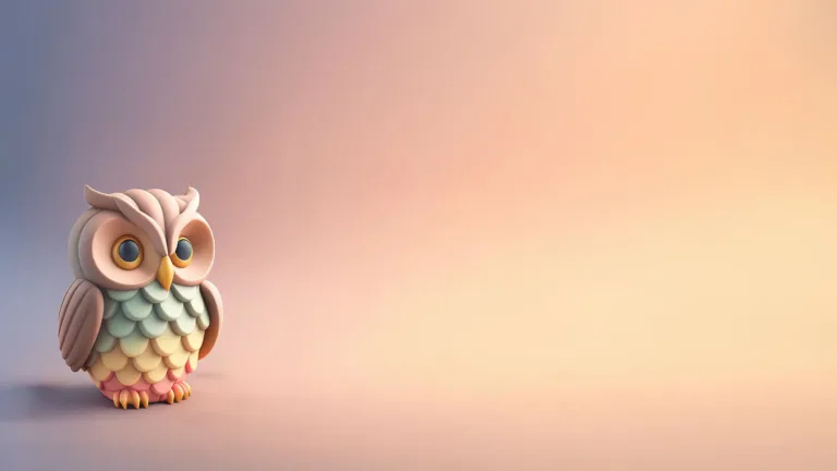 A gradient background that goes from a light yellow to orange and to blue from right to left. An ai-animated owl figure sits near the left edge. The owl is facing towards the right and appears to be illuminated by the yellow light. It has a shadow stretching behind it. The owl’s body has rainbow feathers. Its head and wings are tan. Its beak and feet are orange, and its eyes are yellow.