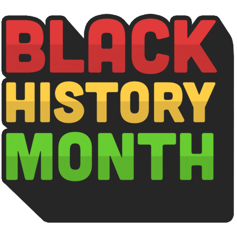 Transparent background with BLACK HISTORY MONTH stacked in the center. A bold sans font was used and the words are colored red, then yellow, and then green. They have a bold dark gray outline and drop shadow that extends off the edges of the gif. The words appear to have a glare of light moving across them.