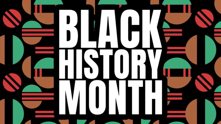 Solid black background with half circle and rectangles shapes scattered across it. All the rectangles and a few small half circles are dark red. The rest of the half circles are a muted light green, and tan. Stacked, bold, sans, white words are in the center of the graphic. They read, "BLACK HISTORY MONTH."