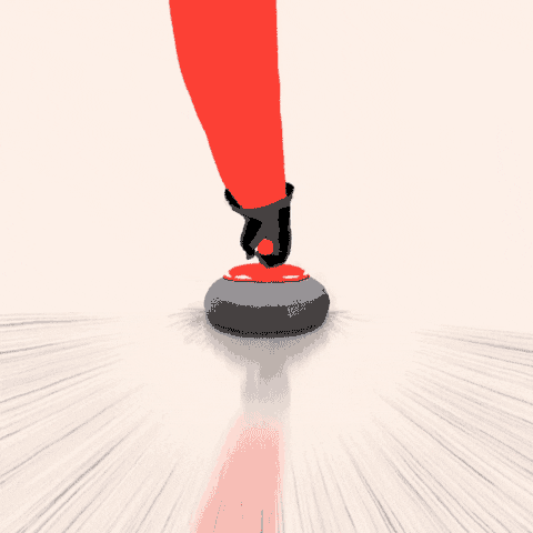 A light beige-pink background appears to be ice. A drawing of a curler as they slide their stone across the ice. They let go and the stone slides onto a red target where two other stones already are.