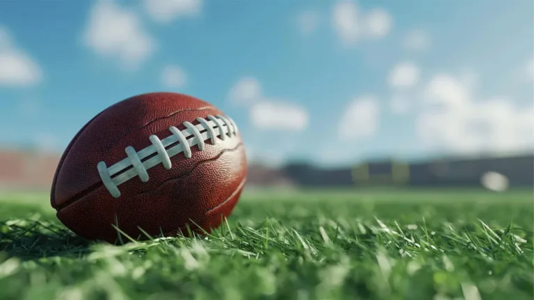 An AI image of a football sitting on a green turf field. The ball is on the left side and is in focus. The rest of the field and bright blue sky with fluffy white clouds are out of focus behind it.