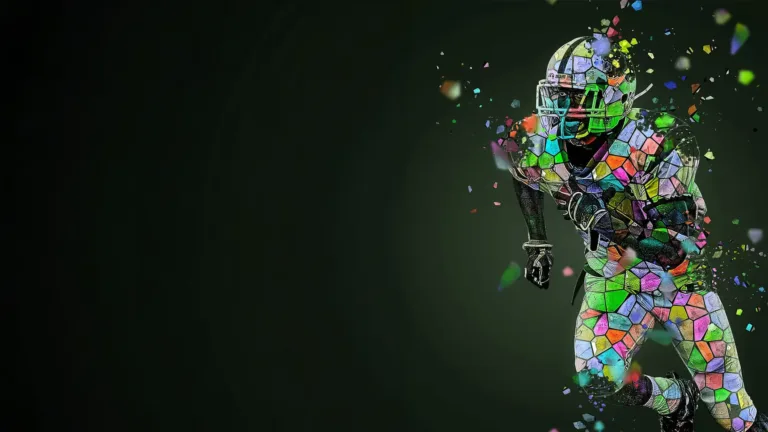 A solid black background. On the right side is an ai, geometric, graphic of a running football player. The player is made of fragmented, angular shapes of various colors. The player's back and helmet appear to be breaking off and flying away. There are blurred fragments surrounding the entire player. The colors used were neon green, neon pink, bright cyan, black, and white.