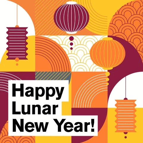 The gif is covered in blocks of orange, yellow, white , or maroon squares and arches. The shapes each have contrasting details of arched lines and circles in them as well. Left aligned in the bottom left corner is stacked text with thick white boxes around the words. A bold, black sans font was used. It reads, "Happy Lunar New Year!" Four paper lantern shapes hang above and around the words. From left to right: a maroon rectangle lantern with curved vertical slides, a maroon circle lantern, an orange circle lantern, and an orange rectangle lantern with curved vertical slides.