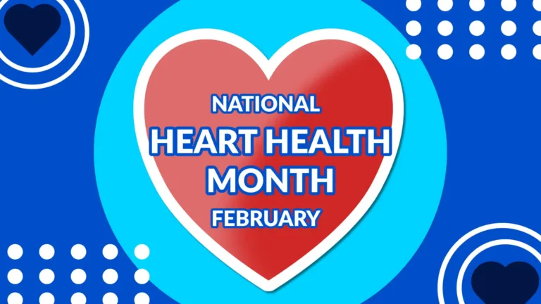 A blue background with three lines of five white circles stacked in the top right and bottom left corners. The top left and bottom right corners have a navy heart shape surrounded by two white circles. The center of the graphic is covered in a large cyan circle. Inside the circle is a red hear sticker with a white outline. Inside the heart is the words, "National Heart Health Month February" stacked on top of each other. The words use a bold, white, sans font with a blue outline.
