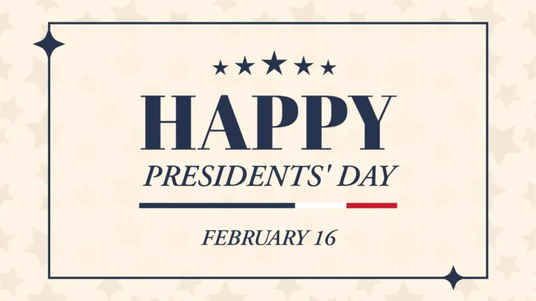 A light beige background covered in a transparent navy, five-pointed stars. Inset in the center is a rectangle with a thin navy border and a slightly transparent light beige inside. A navy, four-pointed star sits near the top left corner and bottom right corner of the thin border. Stacked is the center is a message on navy blue. There are five, small, five-pointed stars arched over top the words. The large word, on top, is HAPPY in a bold serif font. The Presidents' Day in italic, serif letters. Lastly, below, the date February 16 is in small italic letters. A horizontal line of navy, then white, then red separate the date from the words.