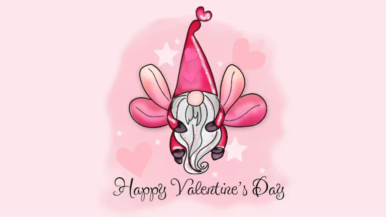 A light, baby pink background with a watercolor painting in the center. The painting has light pink spot background with pink hearts and white stars. A gnome is floating in the center because it has two ponk, oval wings. The gnome is wearing hot pink hat and clothes and has a long gray beard which its light pink circle nose sticks out of. Below the gnome is 'Happy Valentines Day' in thin, black, cursive letters.