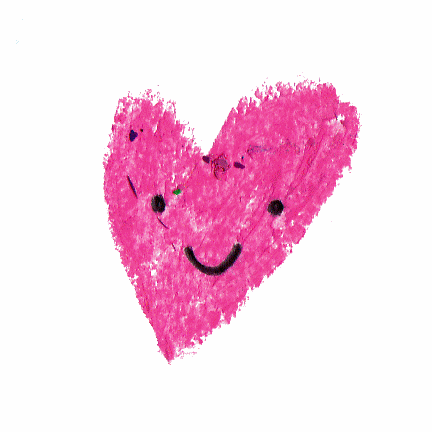 A heart that appears to be drawn with a crayon changes colors on a white background. The heart also has the same black link same and eyes drawn on it through out. The colors change from pink, red, orange, yellow, green, blue, and purple.