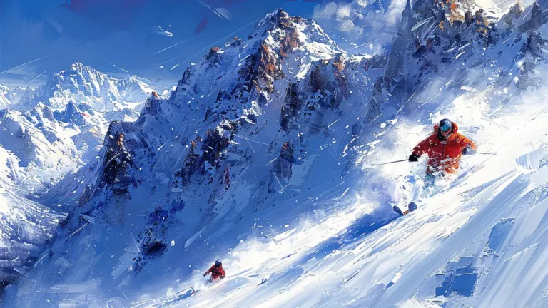 An ai generated painting of a downhill skier moving down a snowy mountain range.