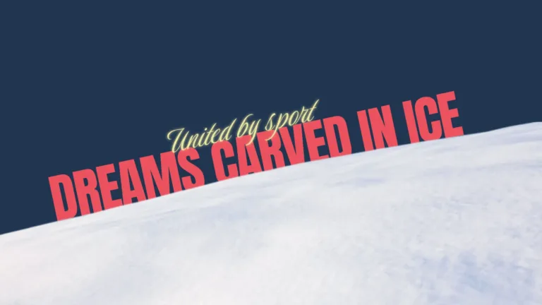 A photo of a snowy hill descends from the right edge to left and covers the bottom half of the graphic. The background behind the snow is dark, navy blue. Tilted and peaking out behind the snow are large, red sans letters that say, "DREAMS CARVED IN ICE." Above them, in a smaller, illuminated yellow, cursive font, is United by sport.