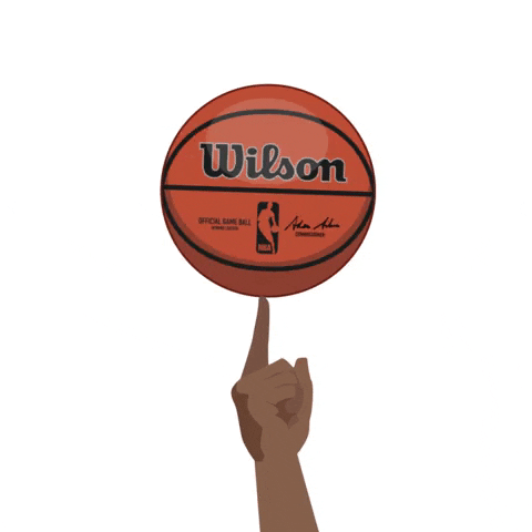 A solid white background with a hand sticking up from the bottom edge. The hand's pointer finger is up, while the rest are in a fist. On top of the pointed finger is a Wilson basketball spinning.