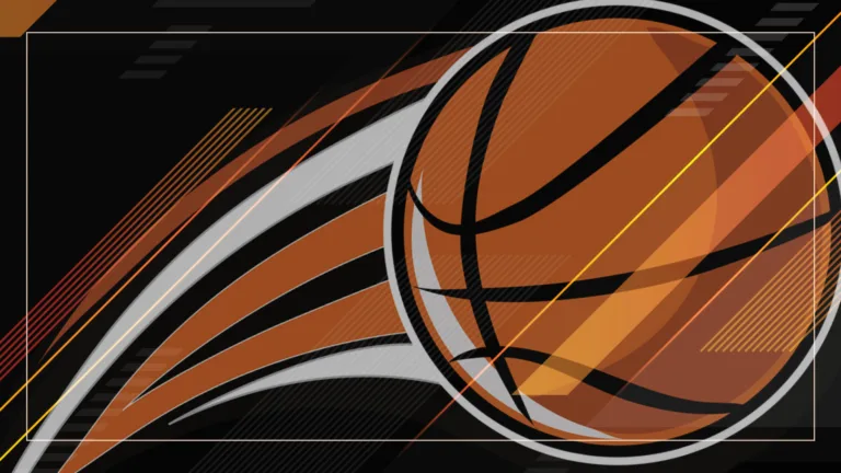 A solid black background with transparent vertical-diagonal rectangles and lines of orange and yellow. A very thin inset white rectangle border. A large clip art basket ball covers the right side. Its motion lines behind arch to the bottom left corner. The clip art is transparent and uses orange, white and black colors.