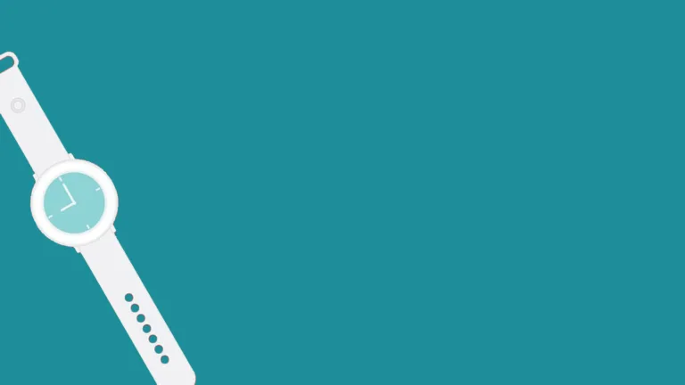 A solid teal background with a white wristwatch clip art tilted on the left side and corner. The clock has a light blue face.
