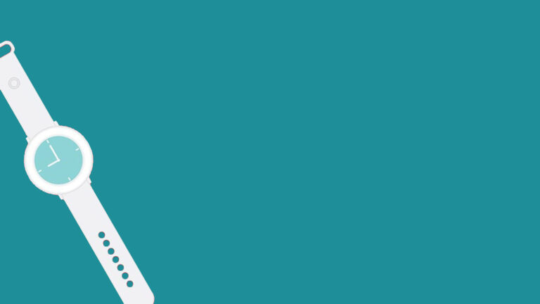 A solid teal background with a white wristwatch clip art tilted on the left side and corner. The clock has a light blue face.