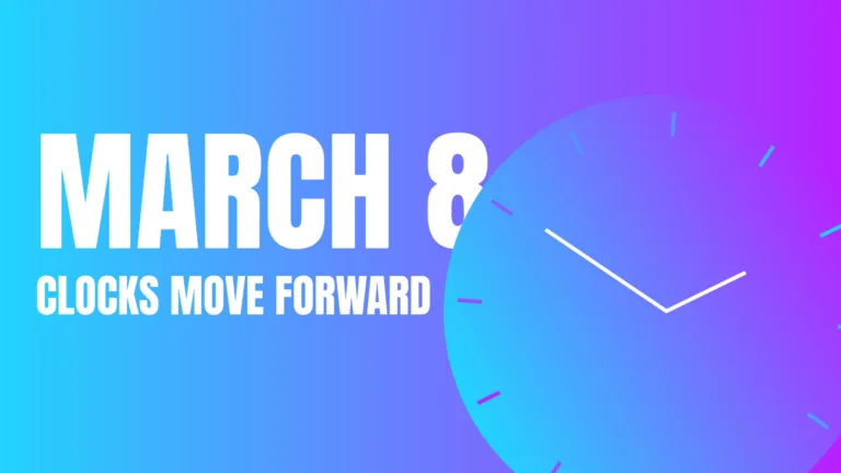 A cyan to neon purple gradient background. In the bottom right corner is a circle with the same gradient. The circle has small dashes around its edge like a clock. The dashes use colors of the gradient. In the circle's center are two white lines creating a clock face pointing the 2:50. Left of the circle and taking up the rest of the graphic's center are bold white, sans words. MARCH 8 is the largest and on top. The eight is slightly behind the clock. Then in smaller letters below says, "CLOCKS MOVE FORWARD."