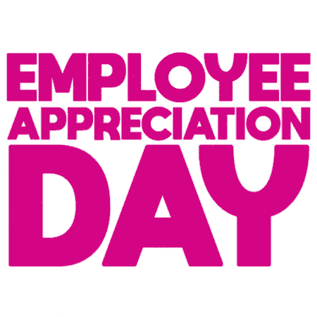 "Employee Appreciation Day" is stacked on top of each other in a large sans serif, all-caps font. The words float closer and shrink back down over and over again. The words are also slowly changing in color from, blue, to magenta, to purple. The background is solid white.