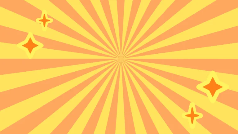 A radial ray background of yellow and light orange. In the top left and bottom right corners are two four-pointed stars each. There are one thin star and one bold star. They are all orange with a bold yellow outline.