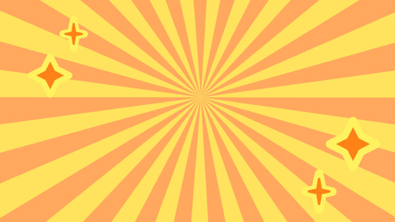 A radial ray background of yellow and light orange. In the top left and bottom right corners are two four-pointed stars each. There are one thin star and one bold star. They are all orange with a bold yellow outline.