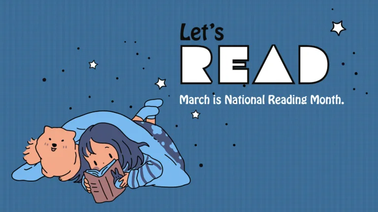 A dusty, blue Gigham pattern background. A drawing of a little girl and her dog are laying down together in the bottom left corner. The girl has dark blue hair and light blue and dark blue striped pj shirt and spotted pj pants. She is reading a brown book and her light orange dog sits happily to her left. Over top both of them is a light blue blanket. In the top right is a message. It says, "Let's READ March is National Reading Month." Let's and March is... use a decorative sans font. Let's is black and March is... is white. READ is in bold white shapes similar to a sans font, with a thin black outline. The holes in the letters r, a, and d are missing. Small black stars, with the occasional larger white stars, are scattered around the graphic.