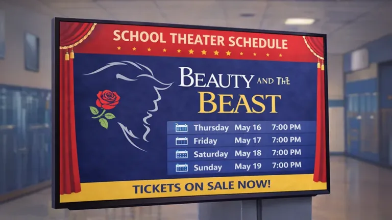 A digital signage screen promotes the upcoming school play beauty and the beast to help promote attendance and student engagement