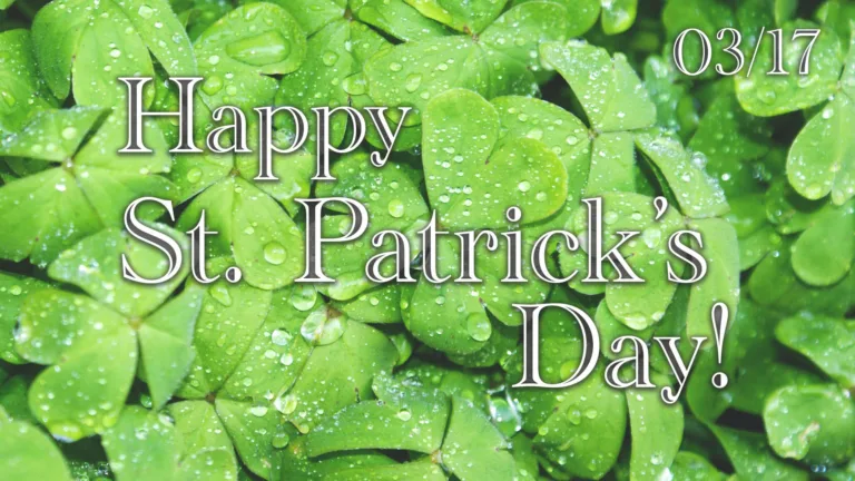 A close-ip photo of a dense patch of bright green four-leaf clovers covered in rain drops. Over top are the words, "Happy St. Patrick's Day!" A small date is in the top right corner: 03/17. The words and date use a decorative white serif font that has cut outs on their vertical lines.