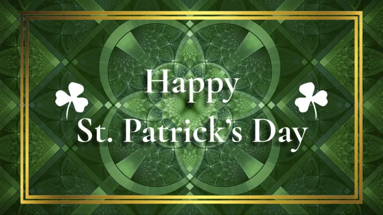 A metallic, geometric, dark green, background. A double lined gold rectangle border inset in the graphic. In the center is Happy St. Patirck's Day in large, white, serif letters with a drop shadow. Happy is stacked on top of the rest. A solid white four-leaf clover icon sits above either end of St. Patrick's Day.