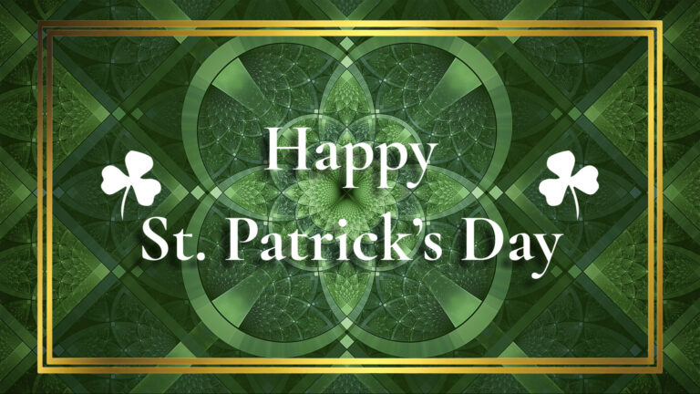 A metallic, geometric, dark green, background. A double lined gold rectangle border inset in the graphic. In the center is Happy St. Patirck's Day in large, white, serif letters with a drop shadow. Happy is stacked on top of the rest. A solid white four-leaf clover icon sits above either end of St. Patrick's Day.