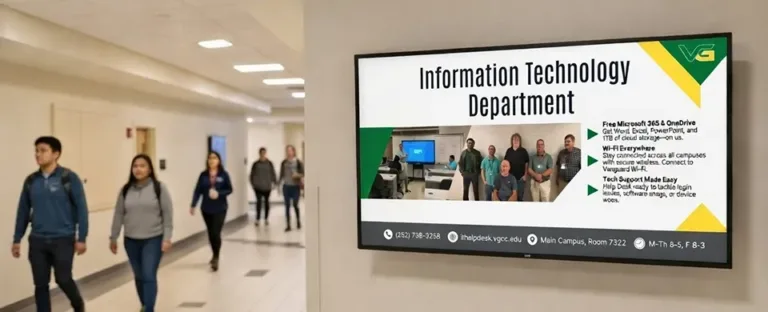 A screen on a wall at the college with students walking by has school content about the it program in the colors and branding of the college