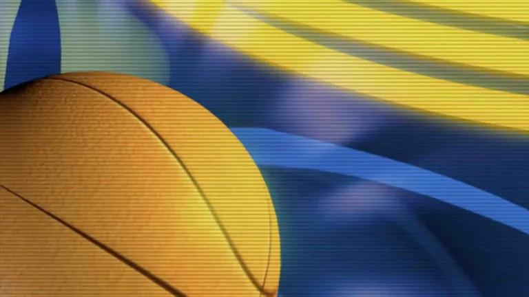 A digitally made, retro style, video. A basketball rotates in the bottom left corner. Yellow and blue lines and rays of color arch and rotate in the dark blue background. The entire video had faint, horizontal static lines.